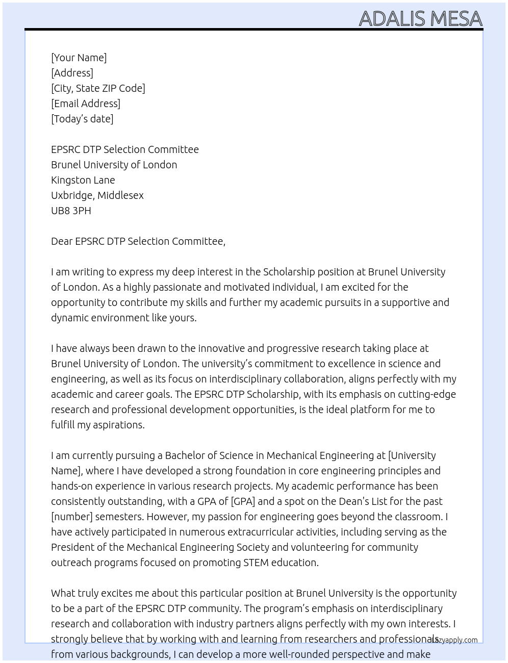 Scholarship At Brunel University of London Cover Letter