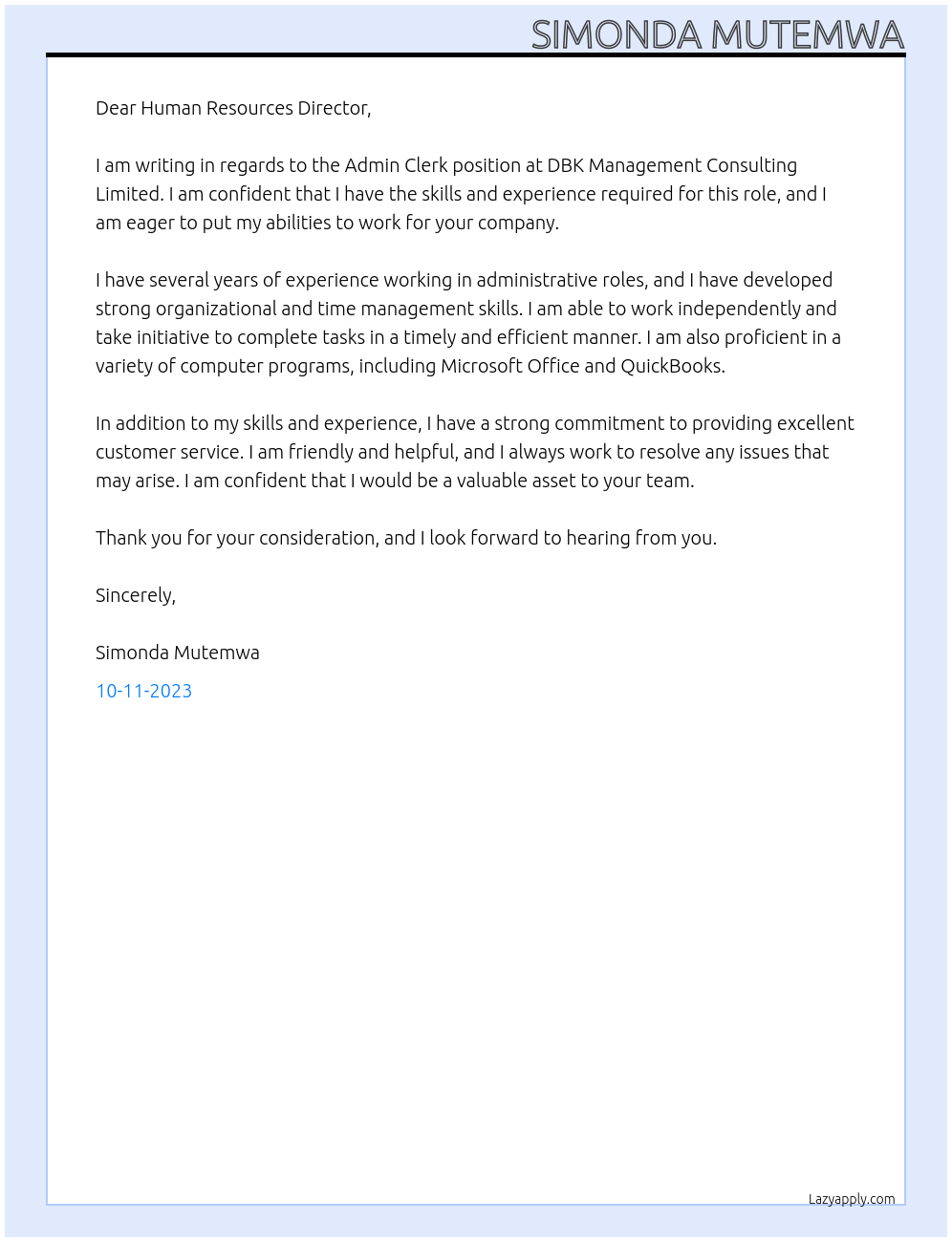 Admin Clerk At DBK management consulting limited Cover Letter