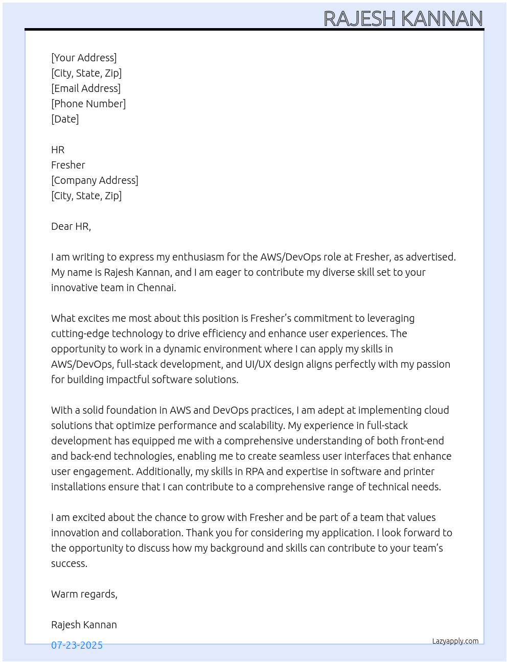 Aws/Devops At fresher Cover Letter