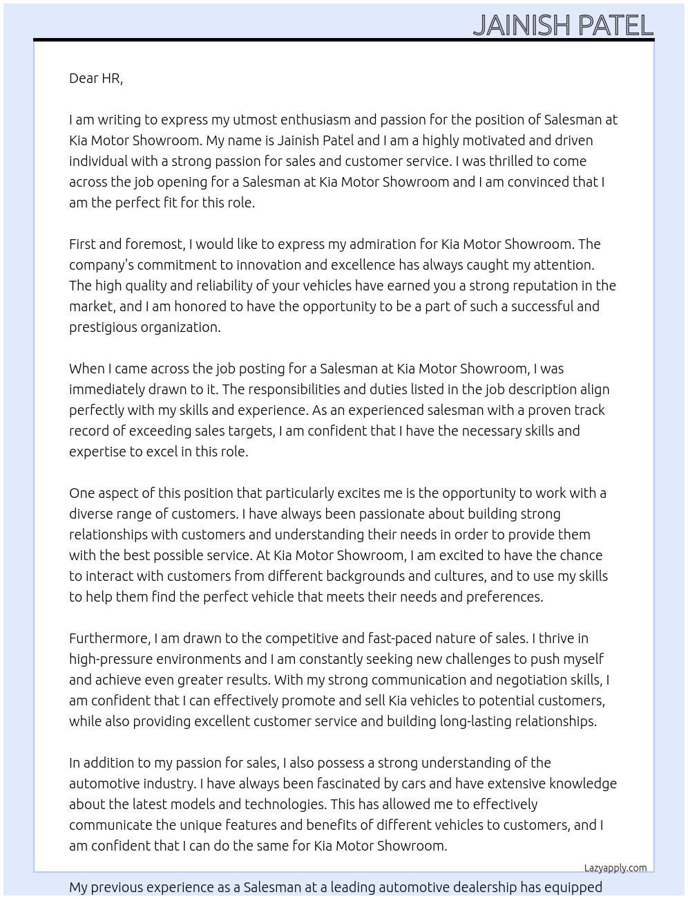 Salesman At kia motor showeroom Cover Letter