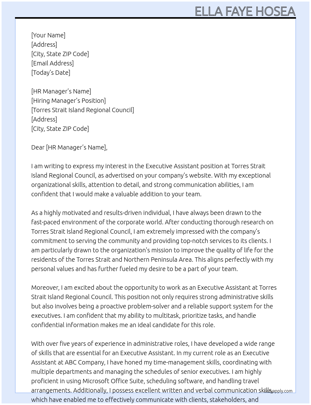 Executive Assitant At Torres Strait Island Regional Council Cover Letter