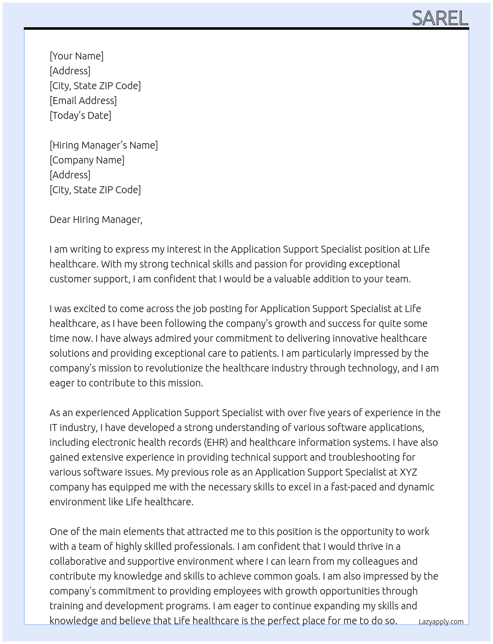 Application Support Specialist  At Life healthcare Cover Letter