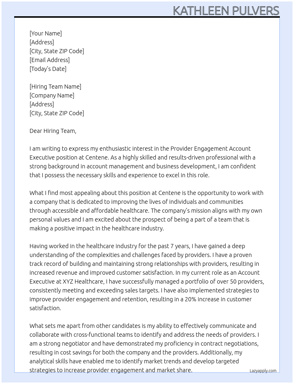 Provider Engagement Account Executive At Centene Cover Letter