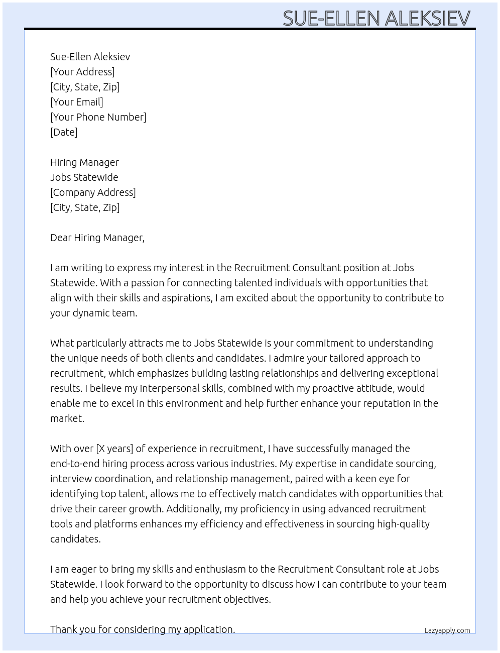 Recruitment Consultant At Jobs Statewide Cover Letter