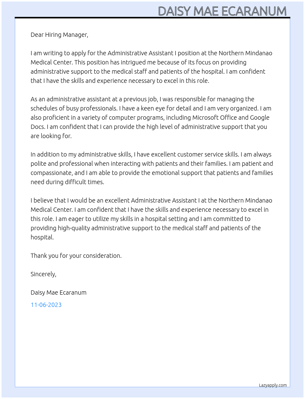 Administrative Assistant I At Northern Mindanao Medical Center  Cover Letter