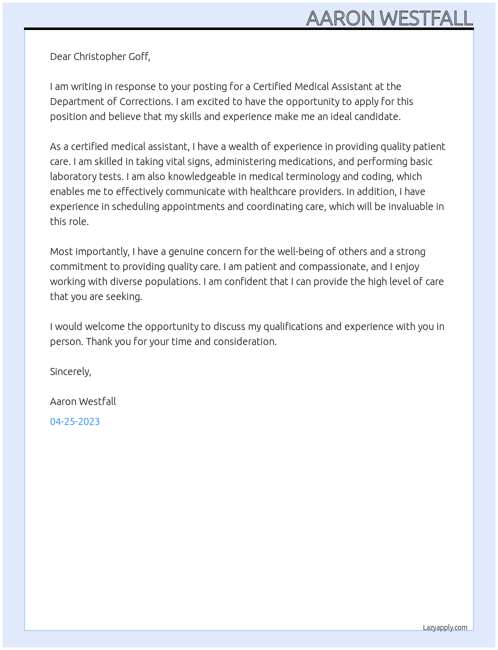 Certified Medical Assistant  At Department of Corrections Cover Letter