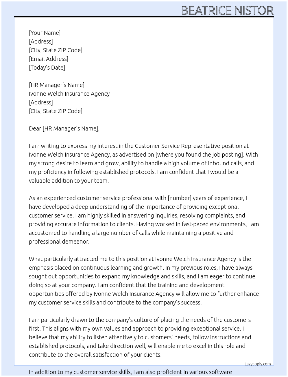 Customer Service Representatives At Ivonne Welch Insurance Agency Cover Letter