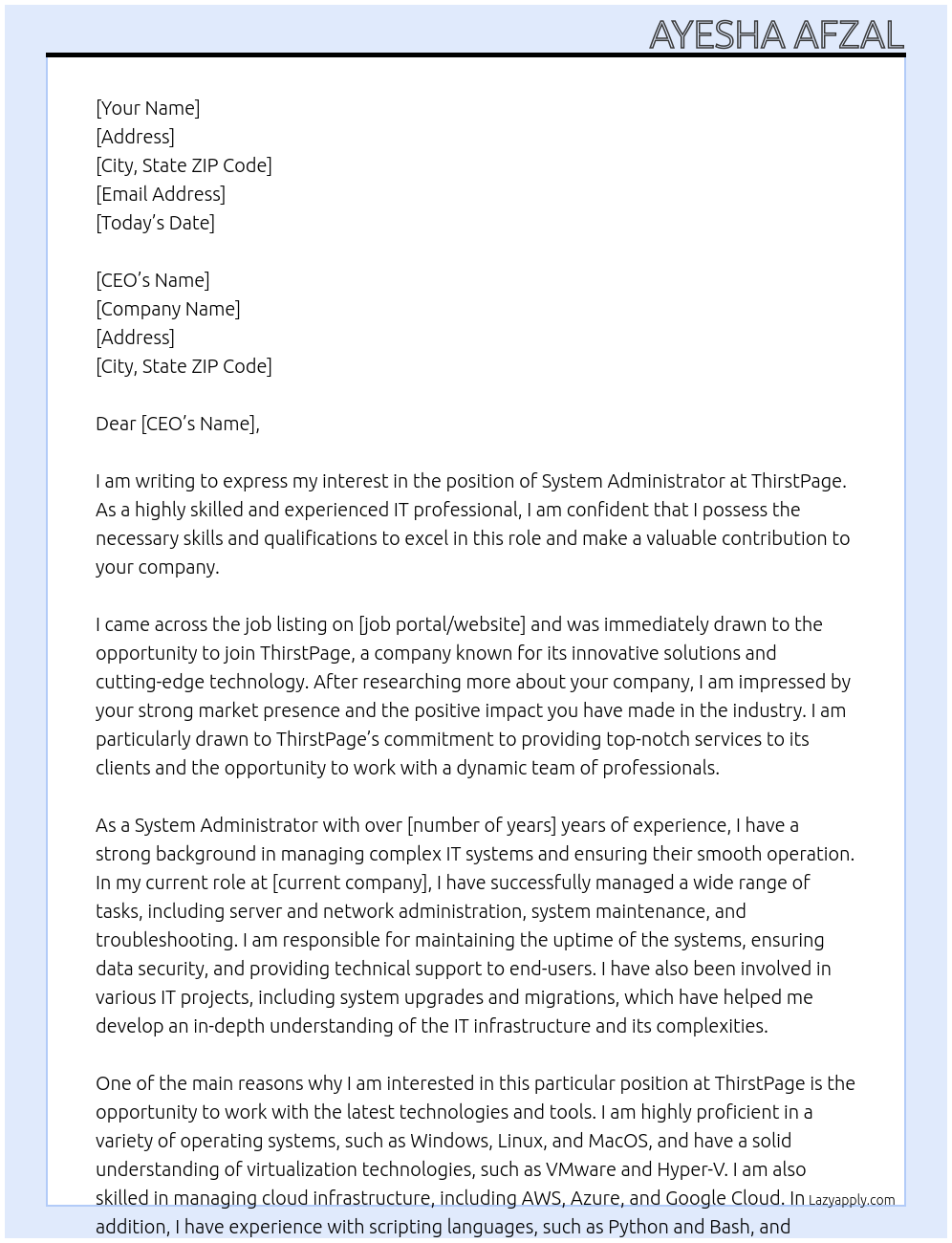 System administrator At ThirstPage Cover Letter