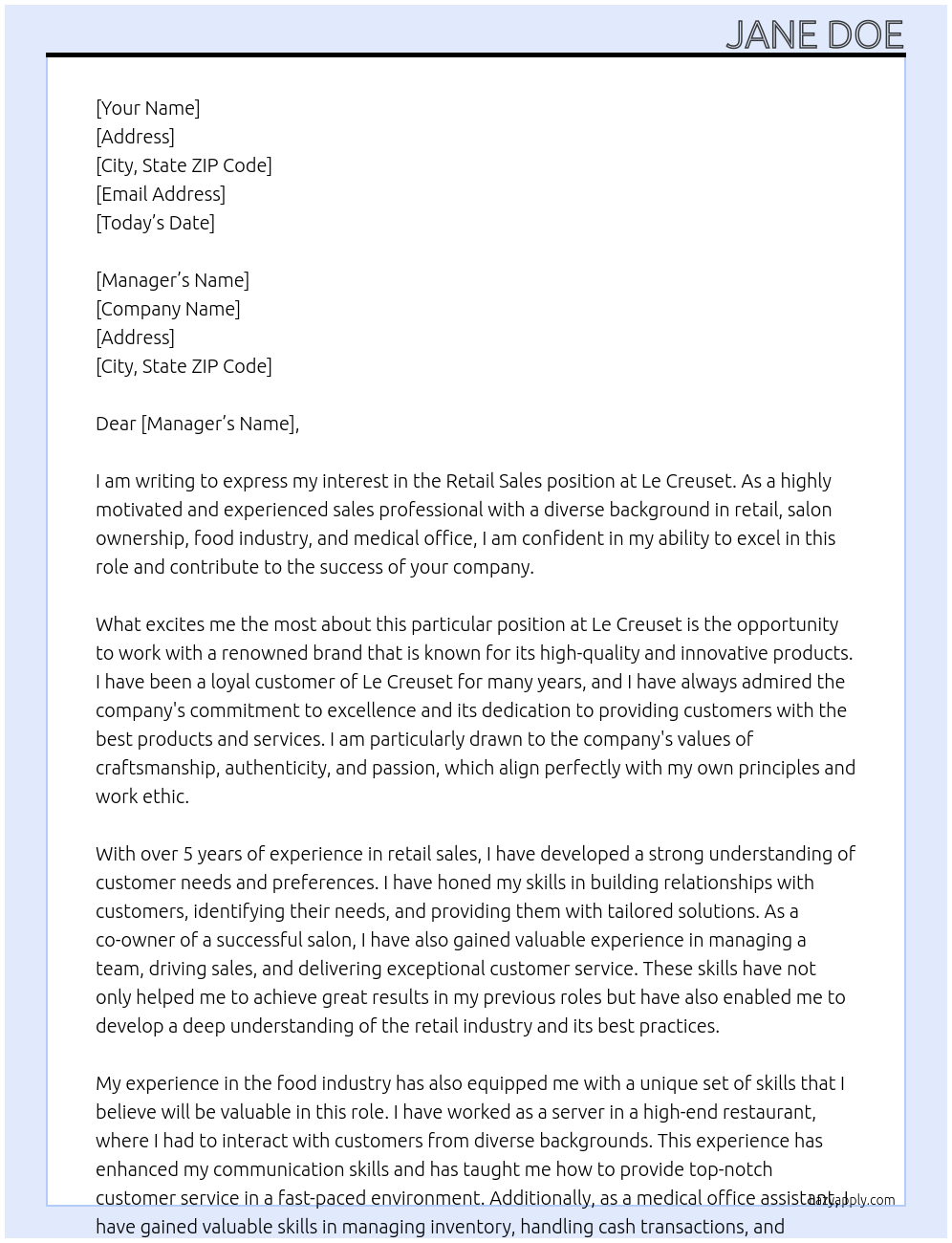 Retail Sales At Le Creuset Cover Letter