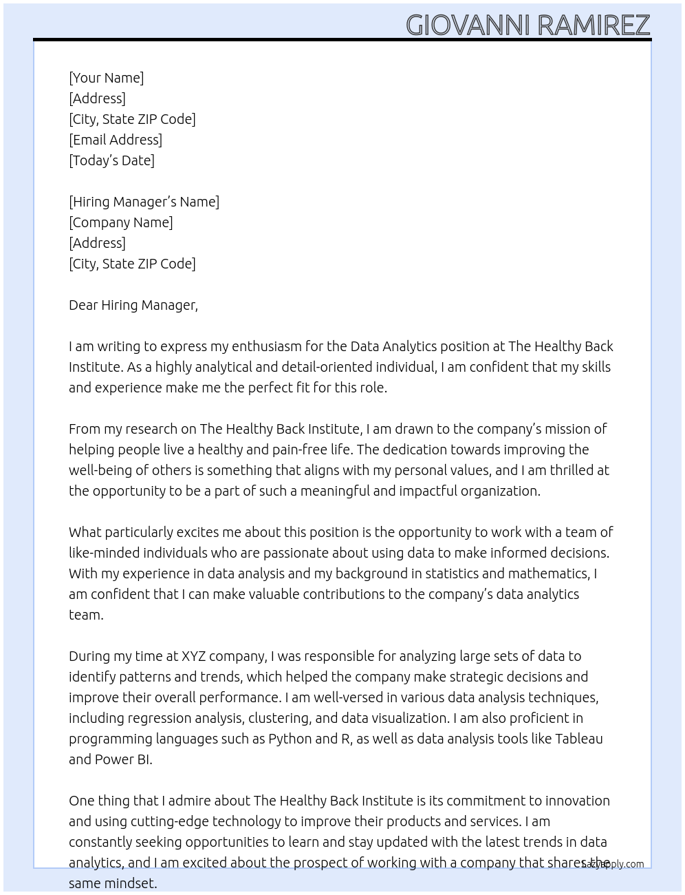 Data Analytics  At The Healthy Back Institute Cover Letter