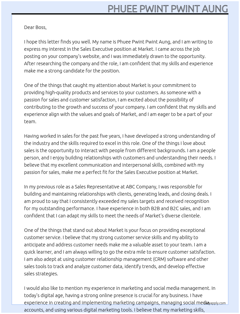 Sale executive At market Cover Letter