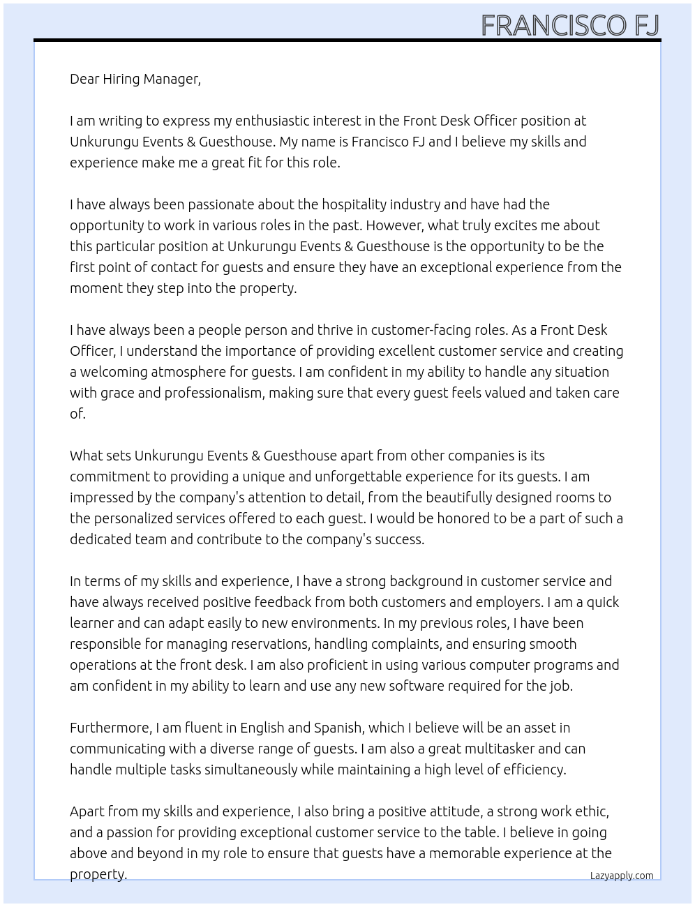Front Desk Officer At Unkurungu Events & Guesthouse Cover Letter