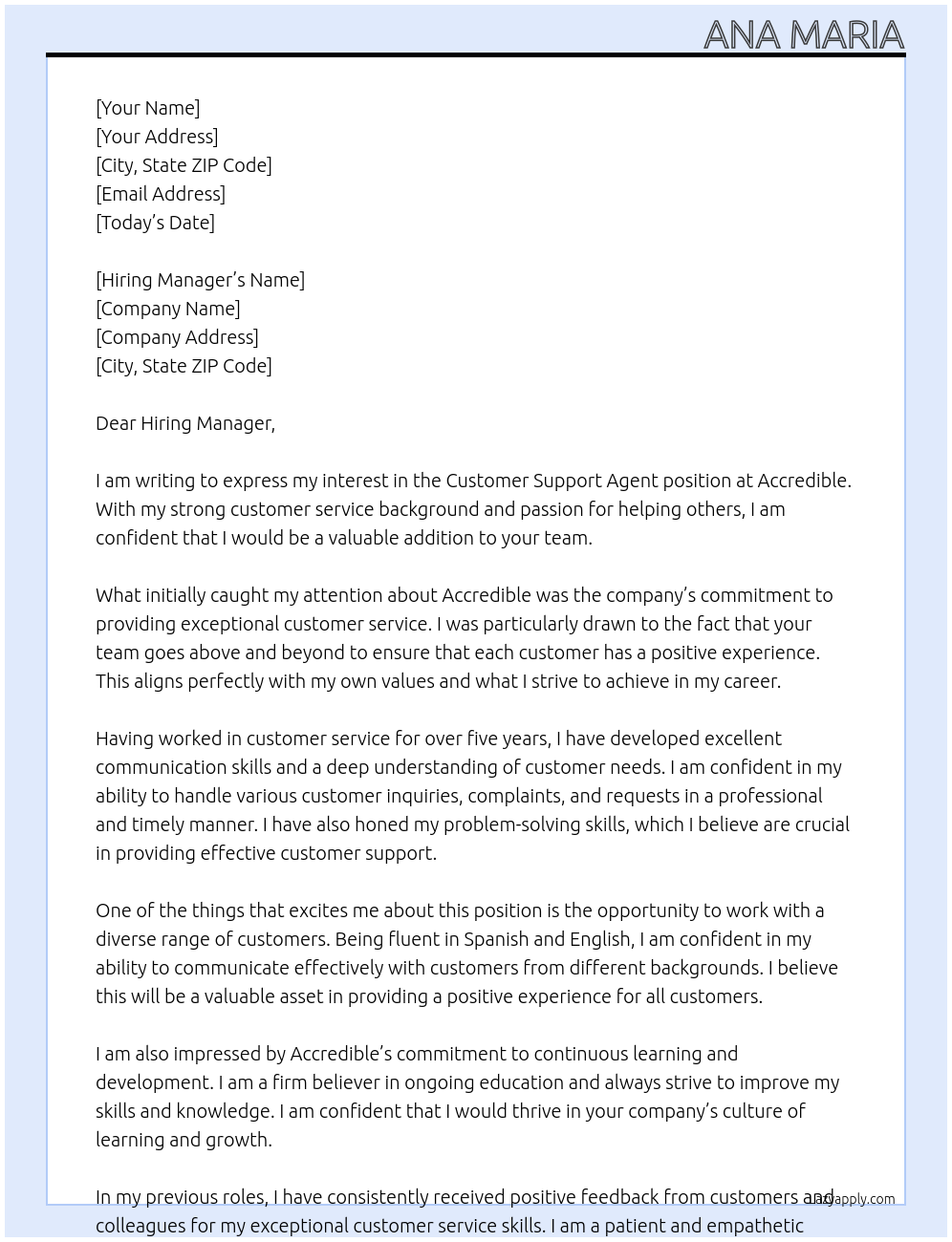 Customer support agent At Accredible Cover Letter