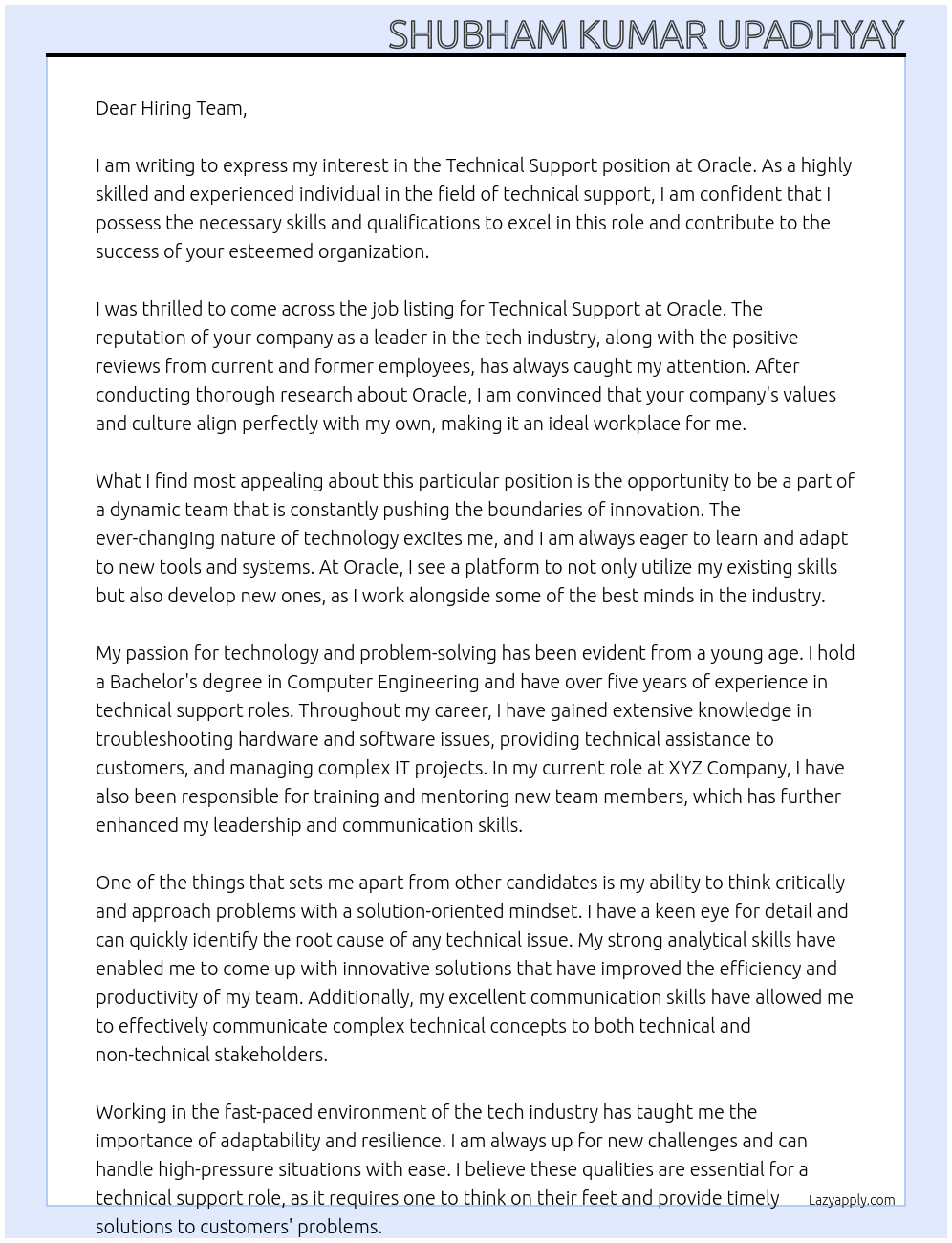 Technical support At Oracle Cover Letter