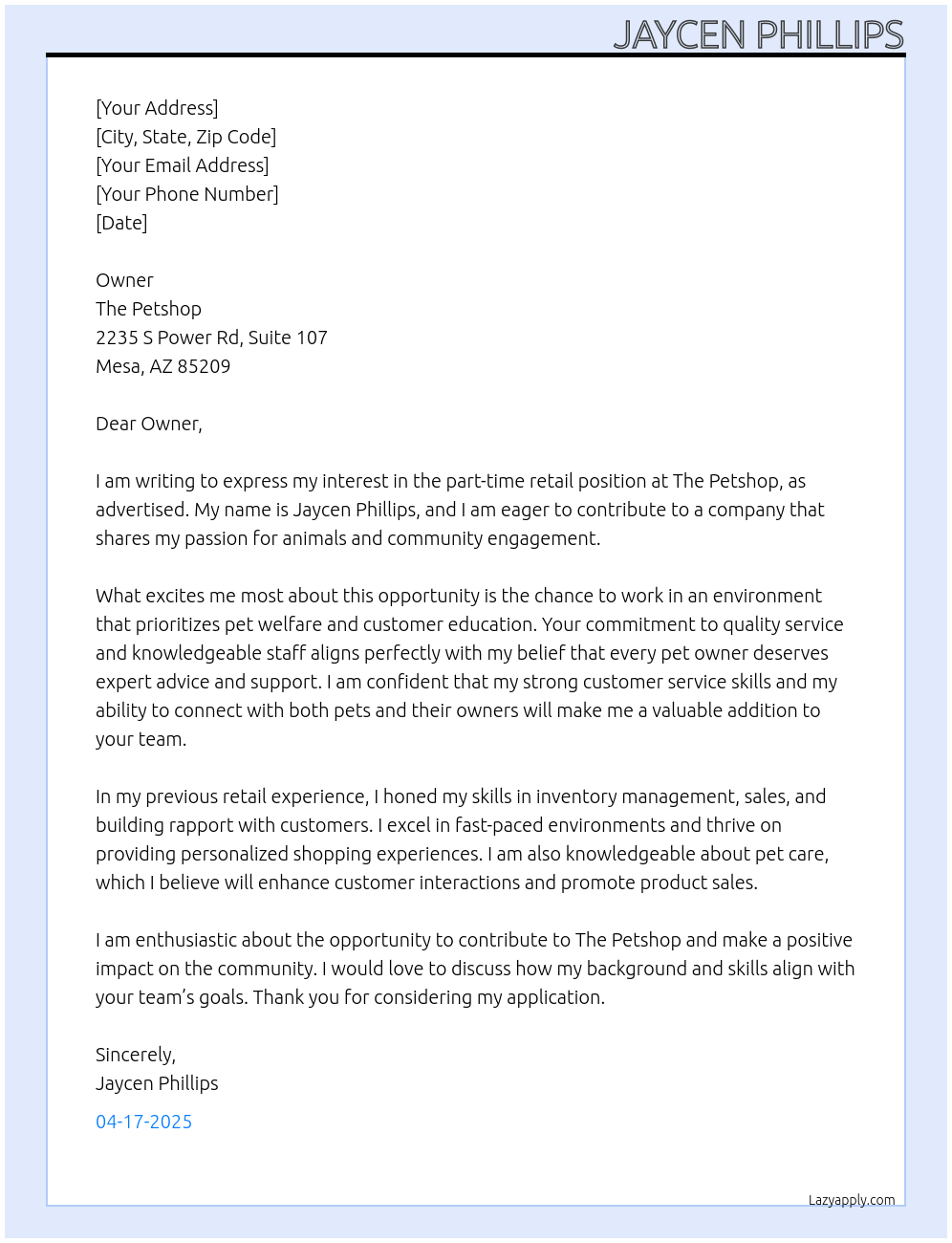 Retail At The Petshop Cover Letter