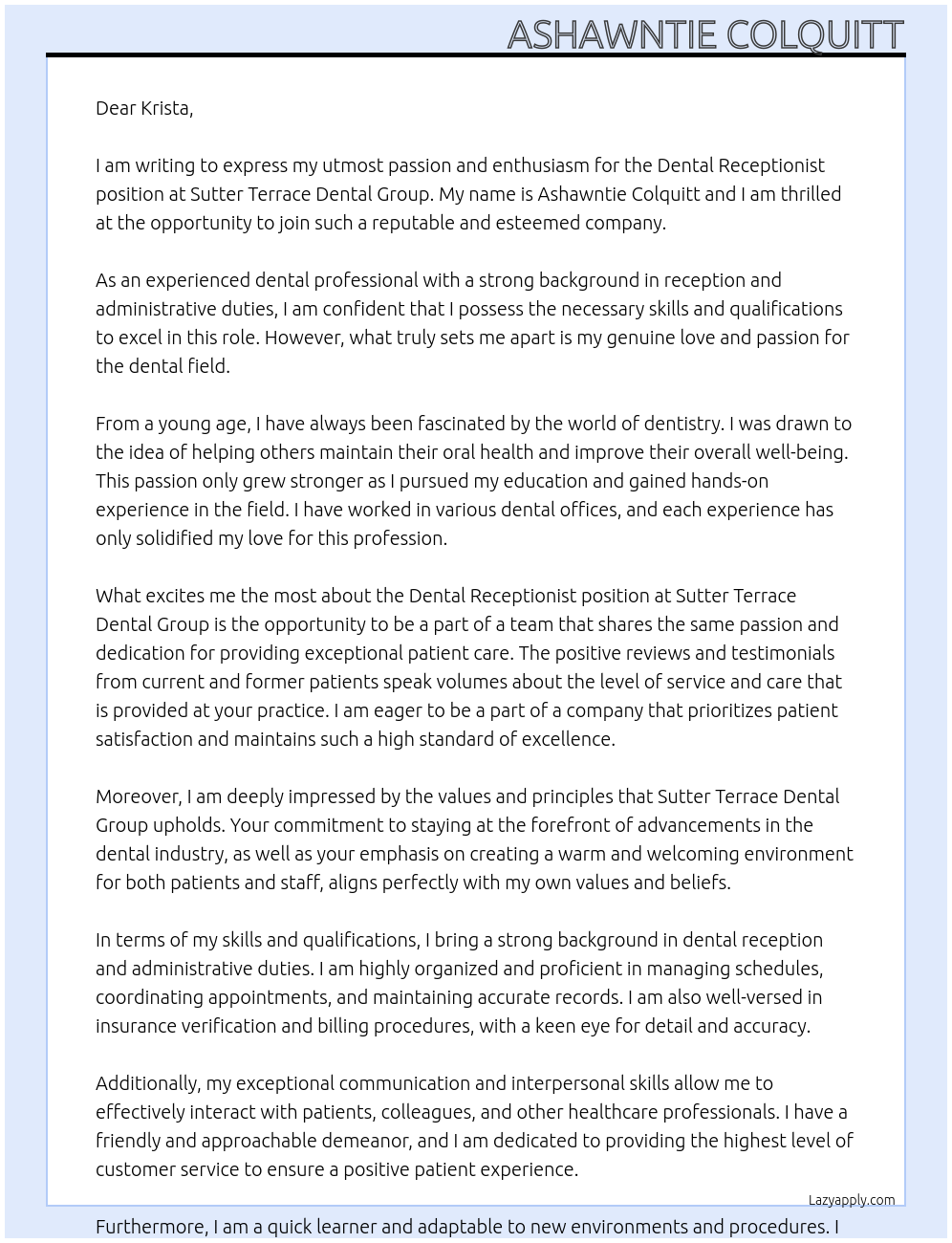 Dental Receptionist At Sutter Terrace Dental Group Cover Letter