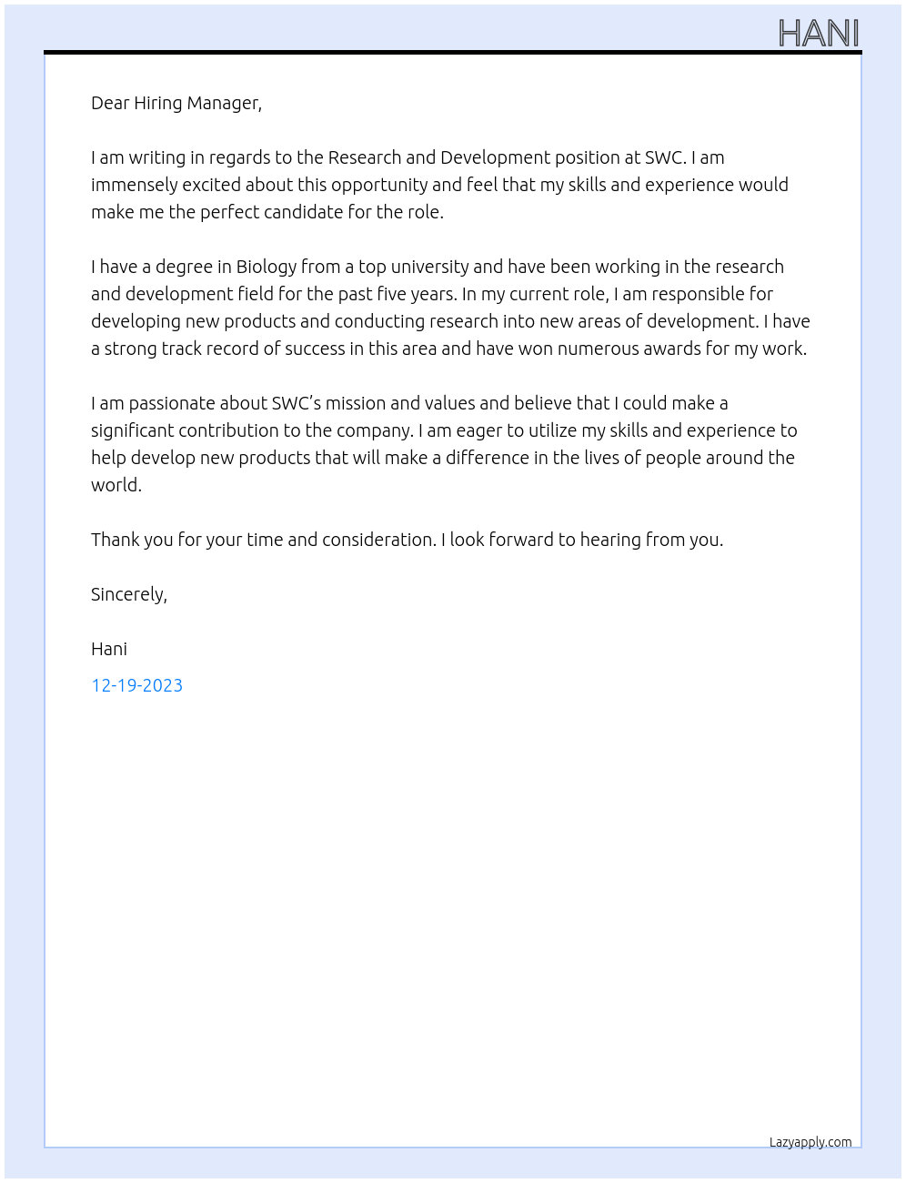 Research and Development At SWC Cover Letter