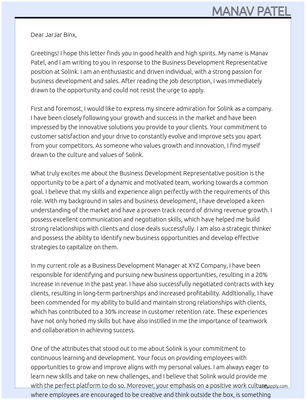 Business Development Representative At Solink Cover Letter