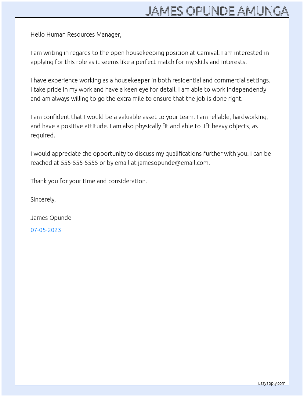 Housekeeping At Carnival Cover Letter