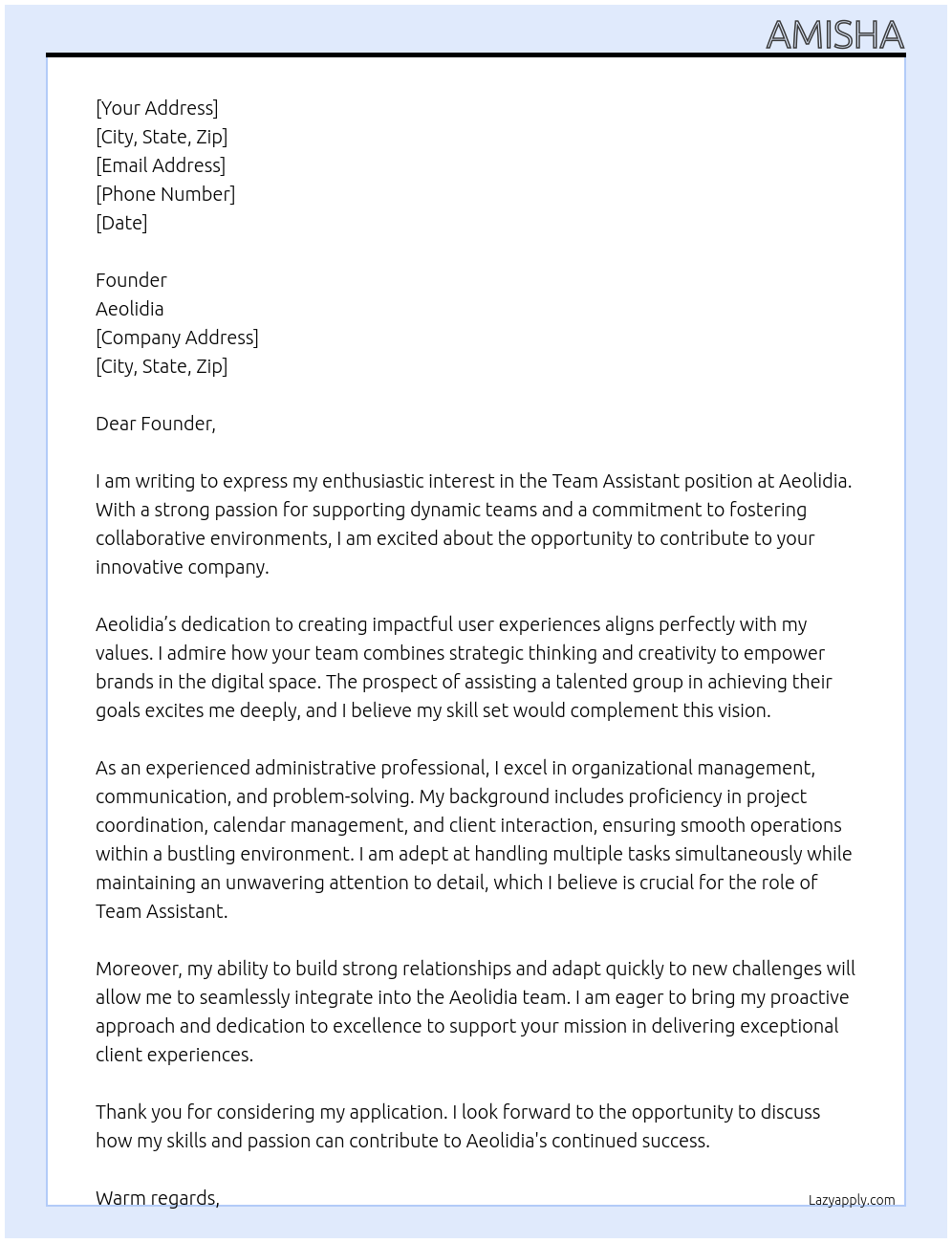 team assistant At aeolidia Cover Letter