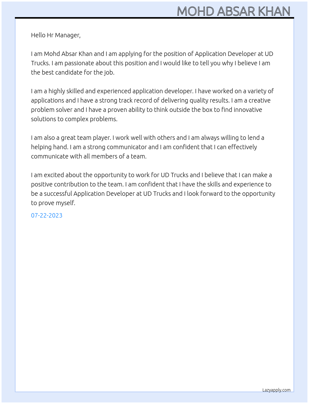 Application Developer At UD Trucks Cover Letter