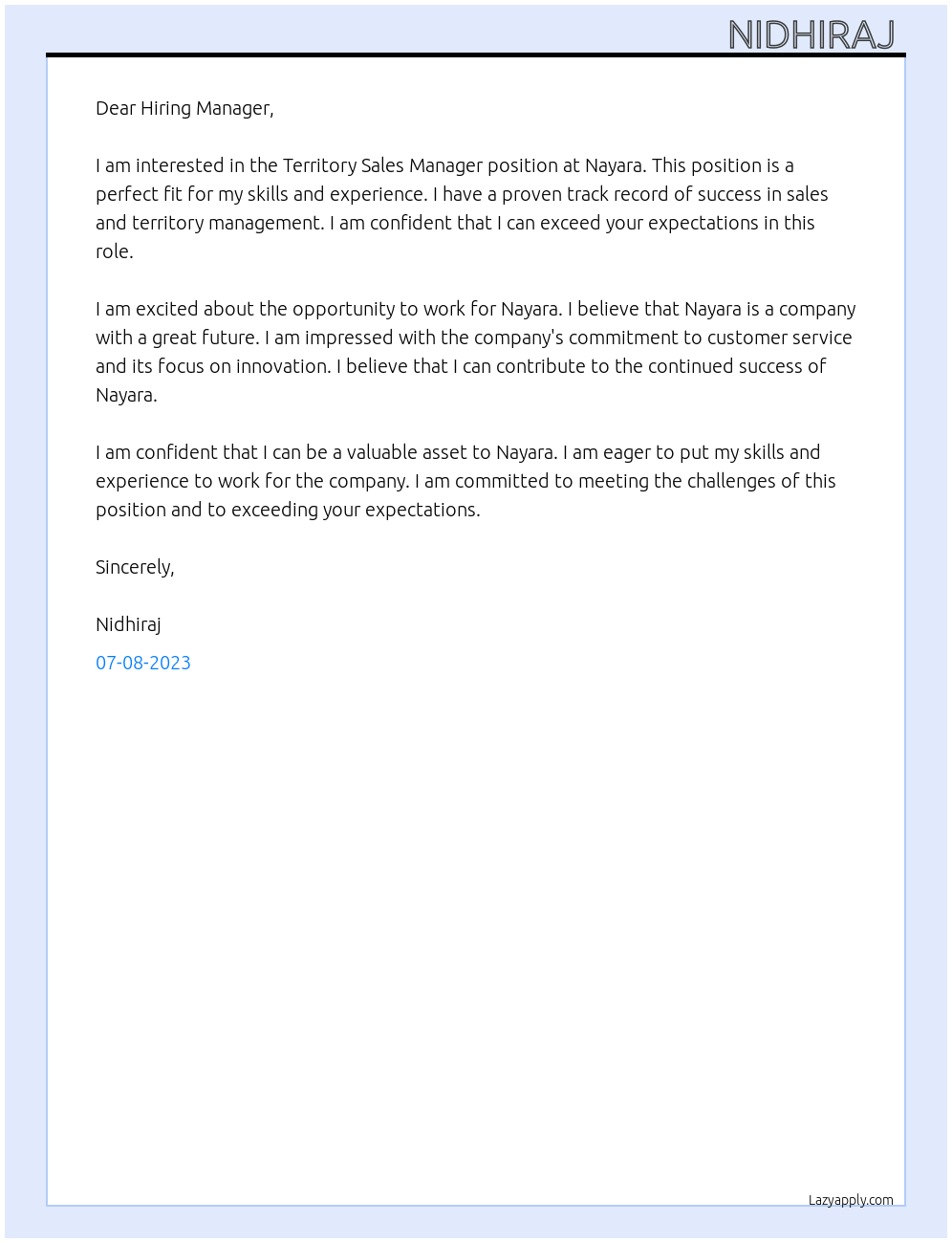Territory sales manager At Nayara Cover Letter
