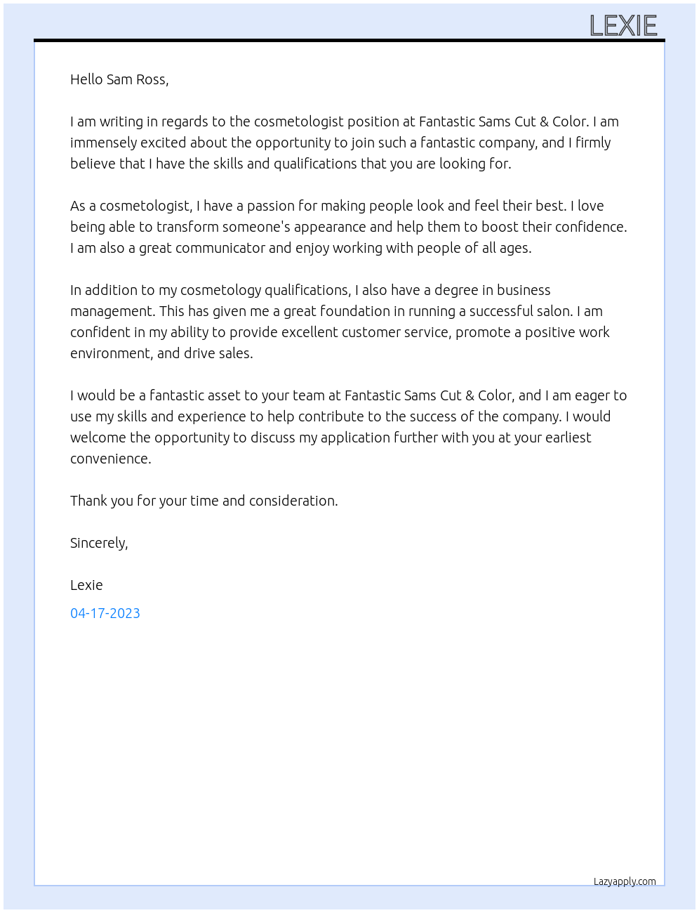 Cosmetologist At Fantastic Sams Cut & Color Cover Letter