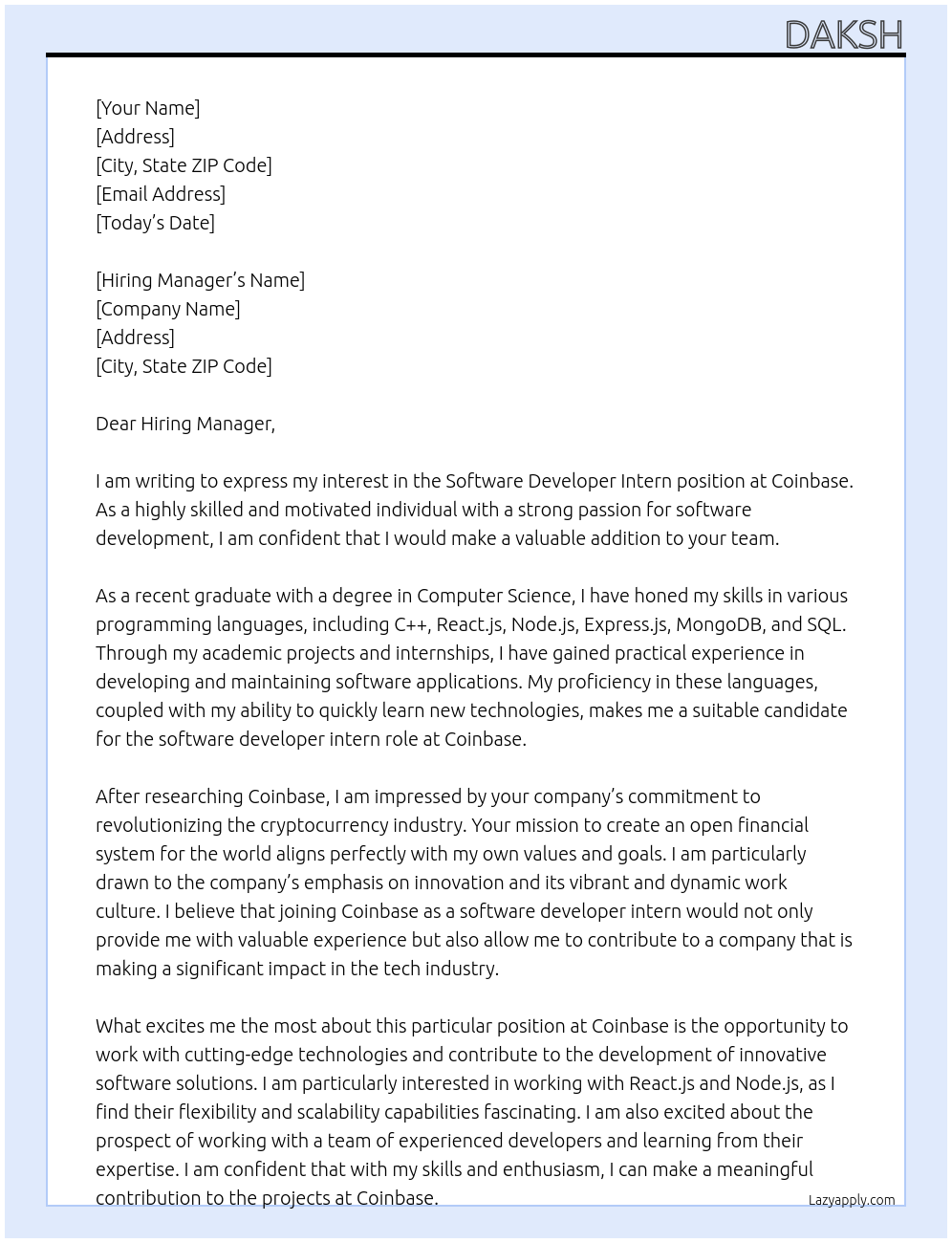 software developer intern At Coinbase Cover Letter