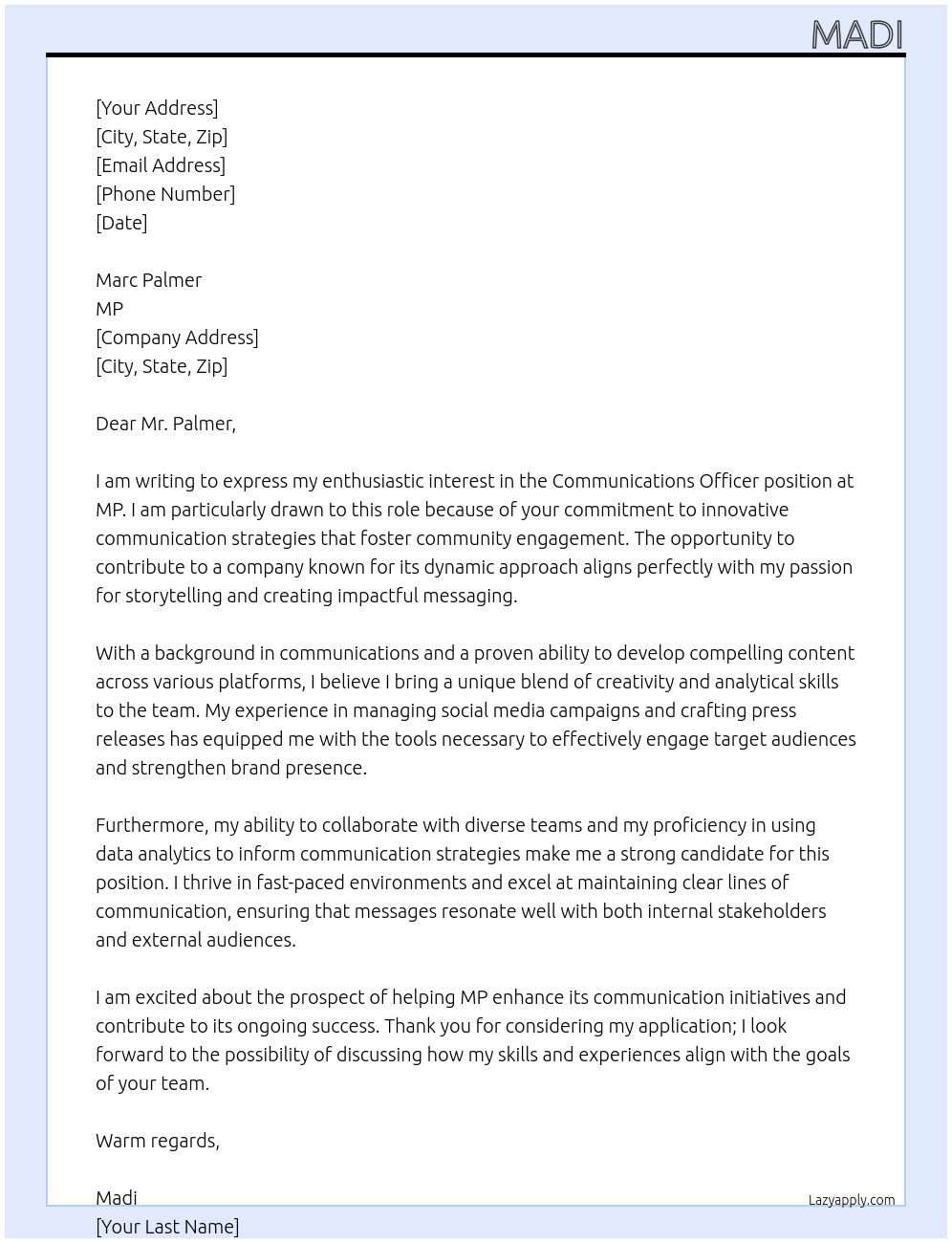 Communications officer At MP Cover Letter