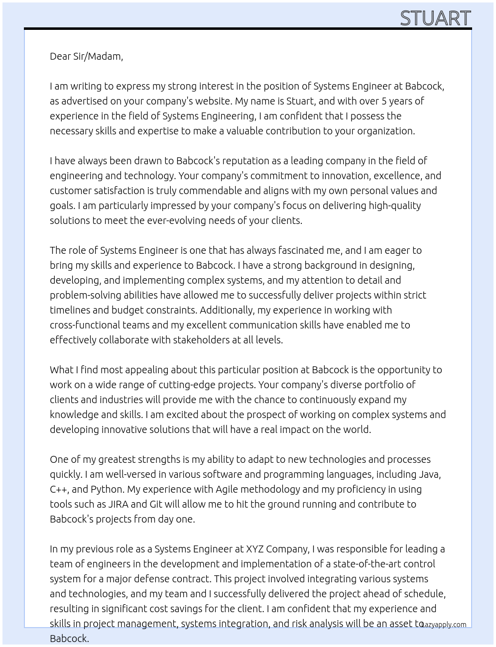 Systems engineer At Babcock Cover Letter