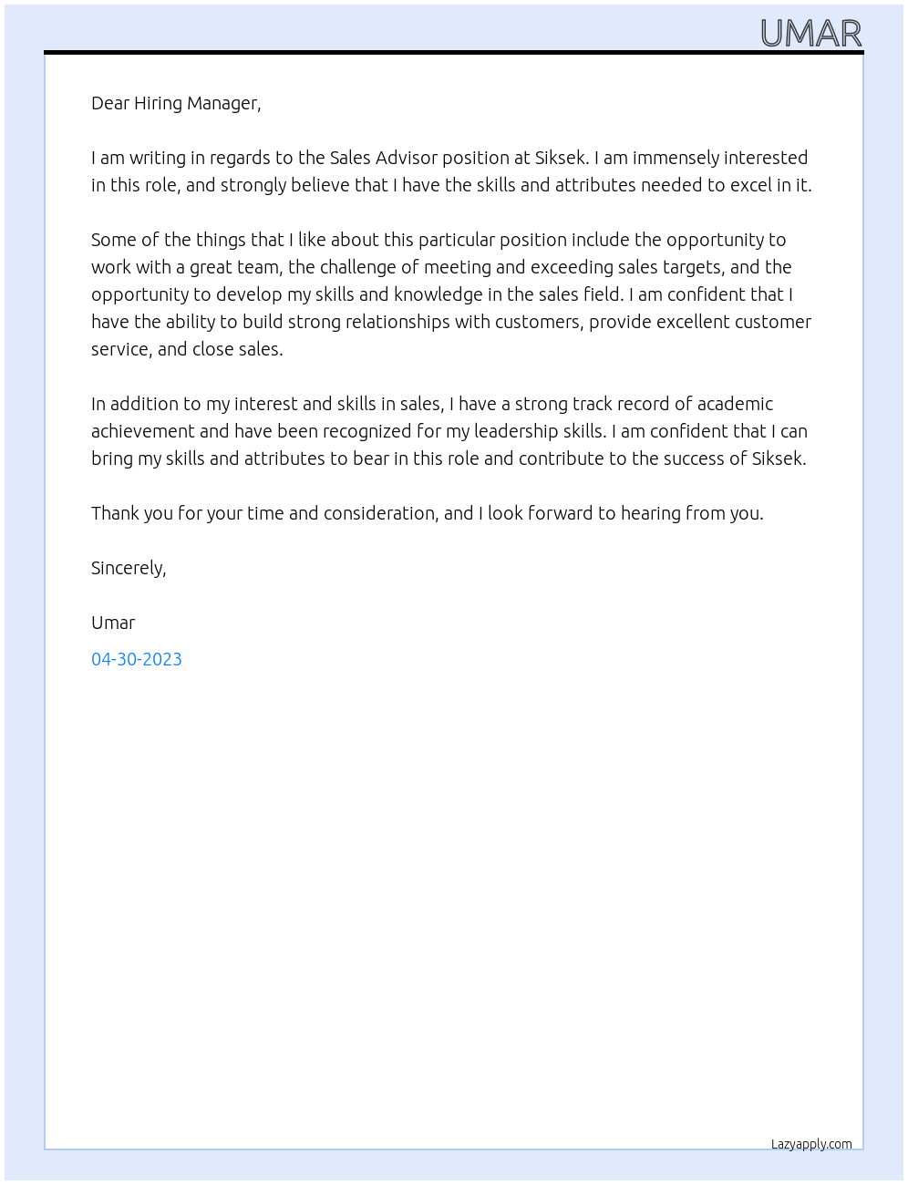 Sales Advisor At Siksek Cover Letter