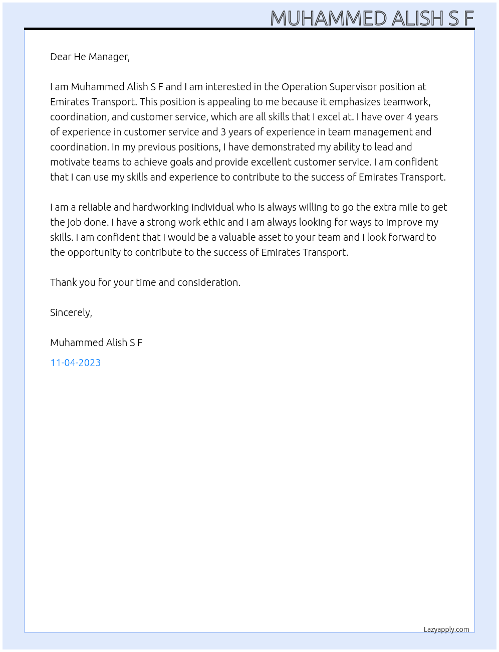 Operation Supervisor  At Emirates Transport  Cover Letter