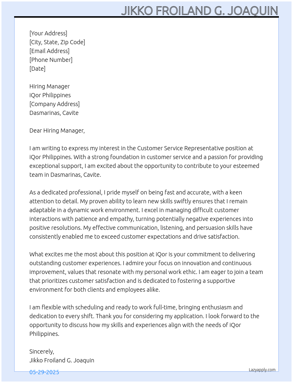 Customer Service Representative At iQor Philippones Cover Letter