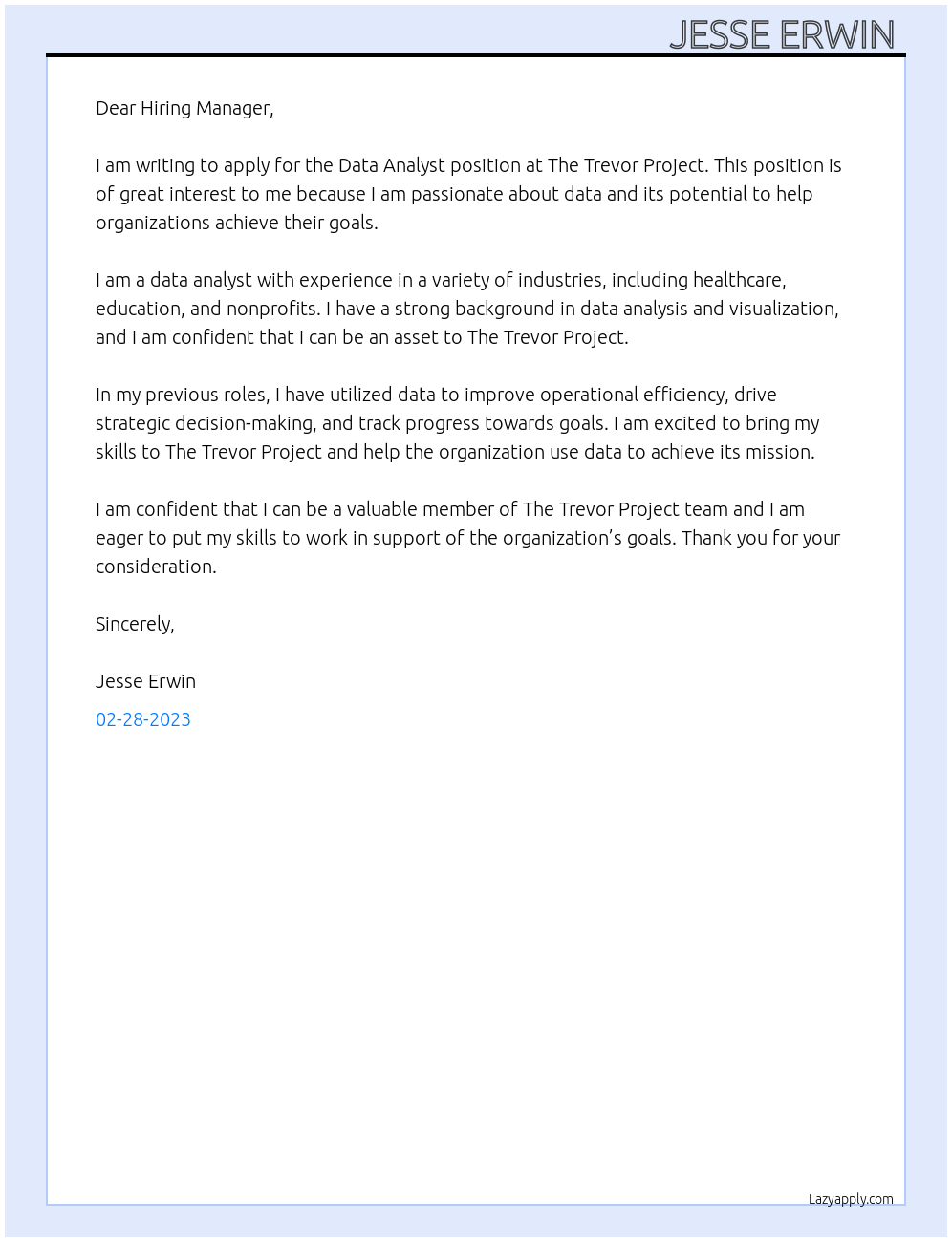 Data Analyst At The Trevor Project Cover Letter