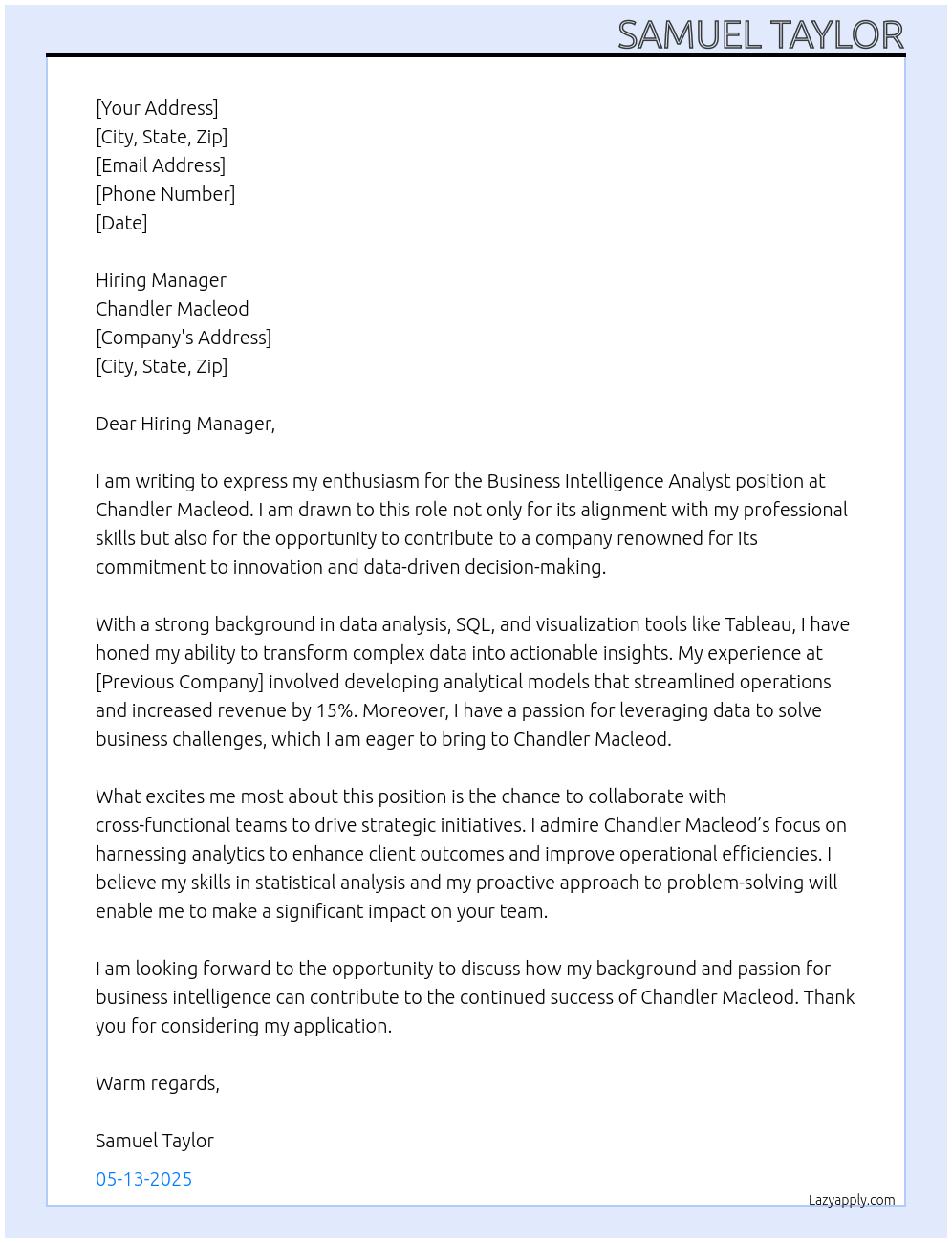 Business Intelligence Analyst At Chandler Macleod Cover Letter