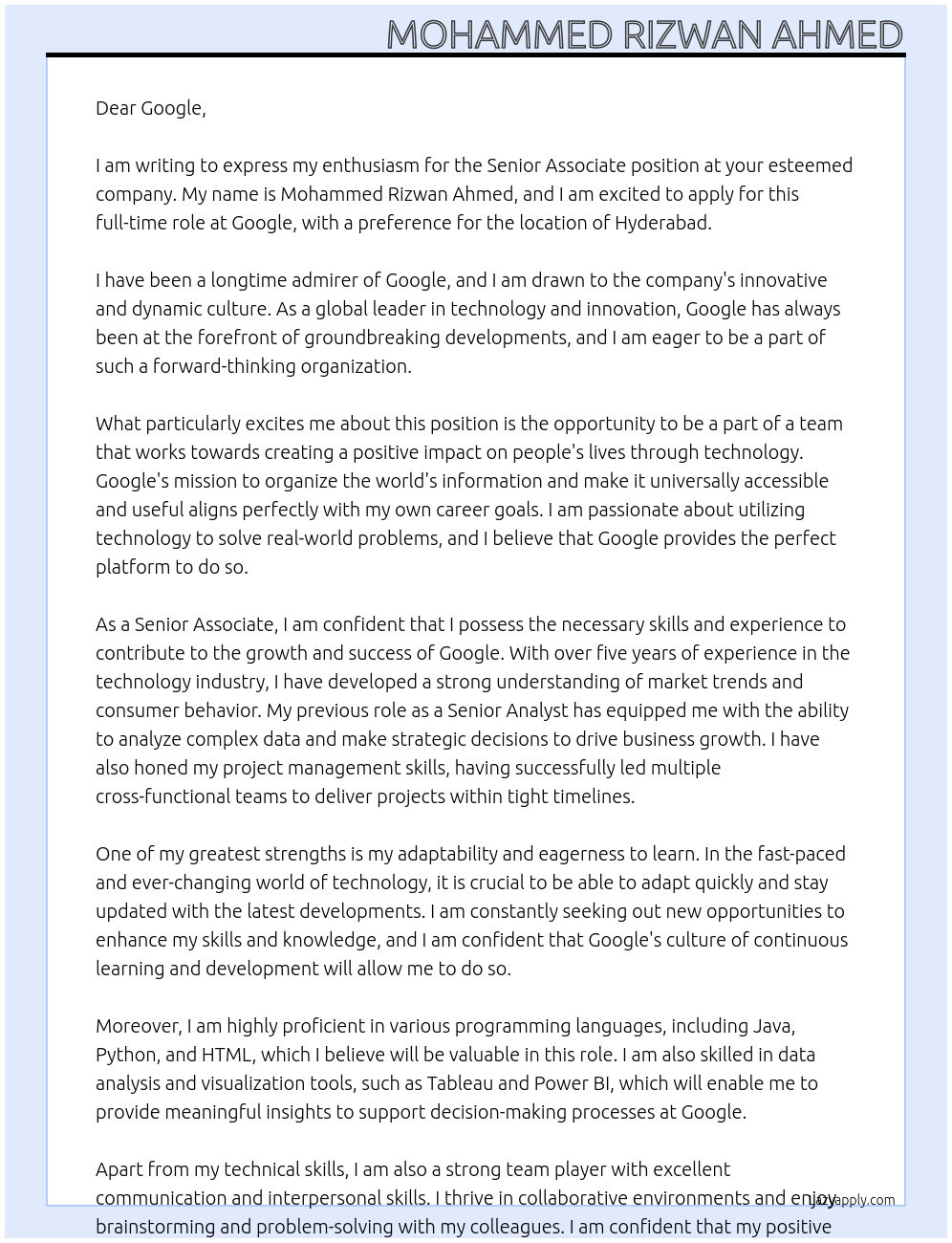 Senior Associate At google Cover Letter