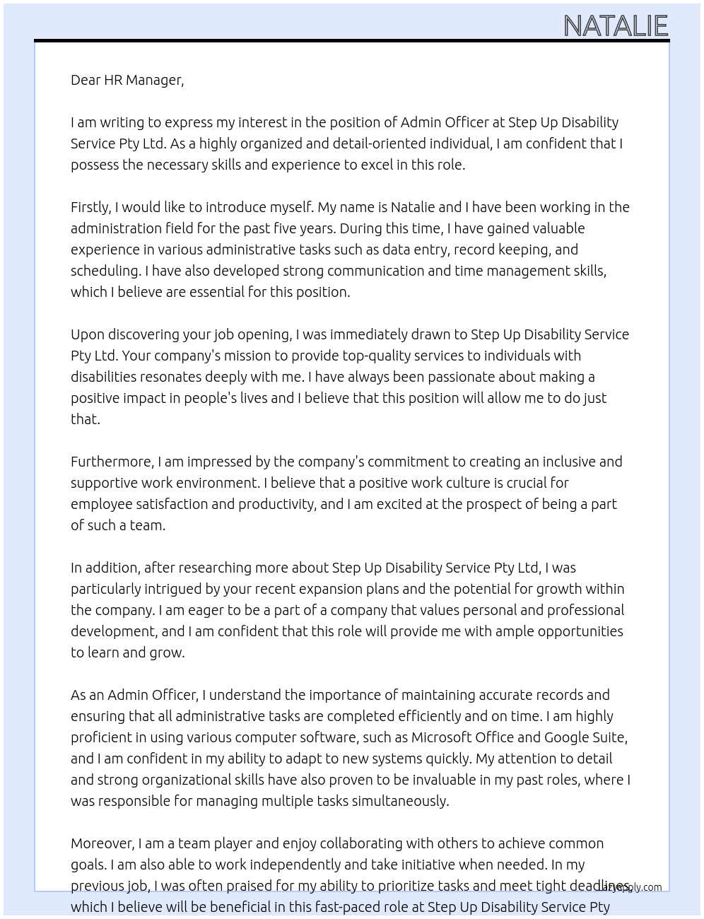 Admin Officer At Step Up Disability Service Pty Ltd Cover Letter