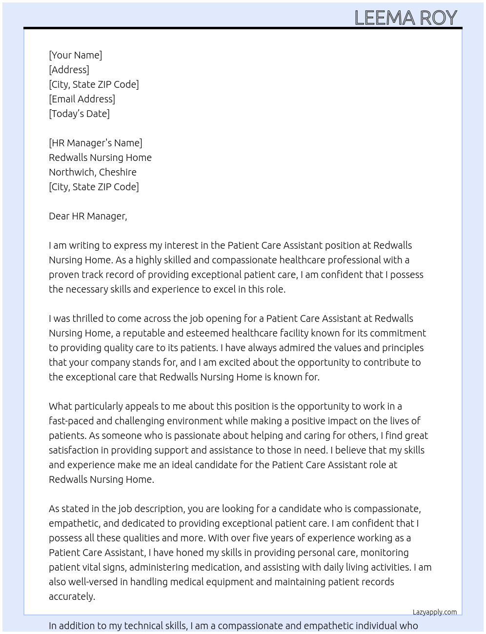 Patient care Assistant  At Redwalls Nursing Home, Northwich, Cheshire Cover Letter