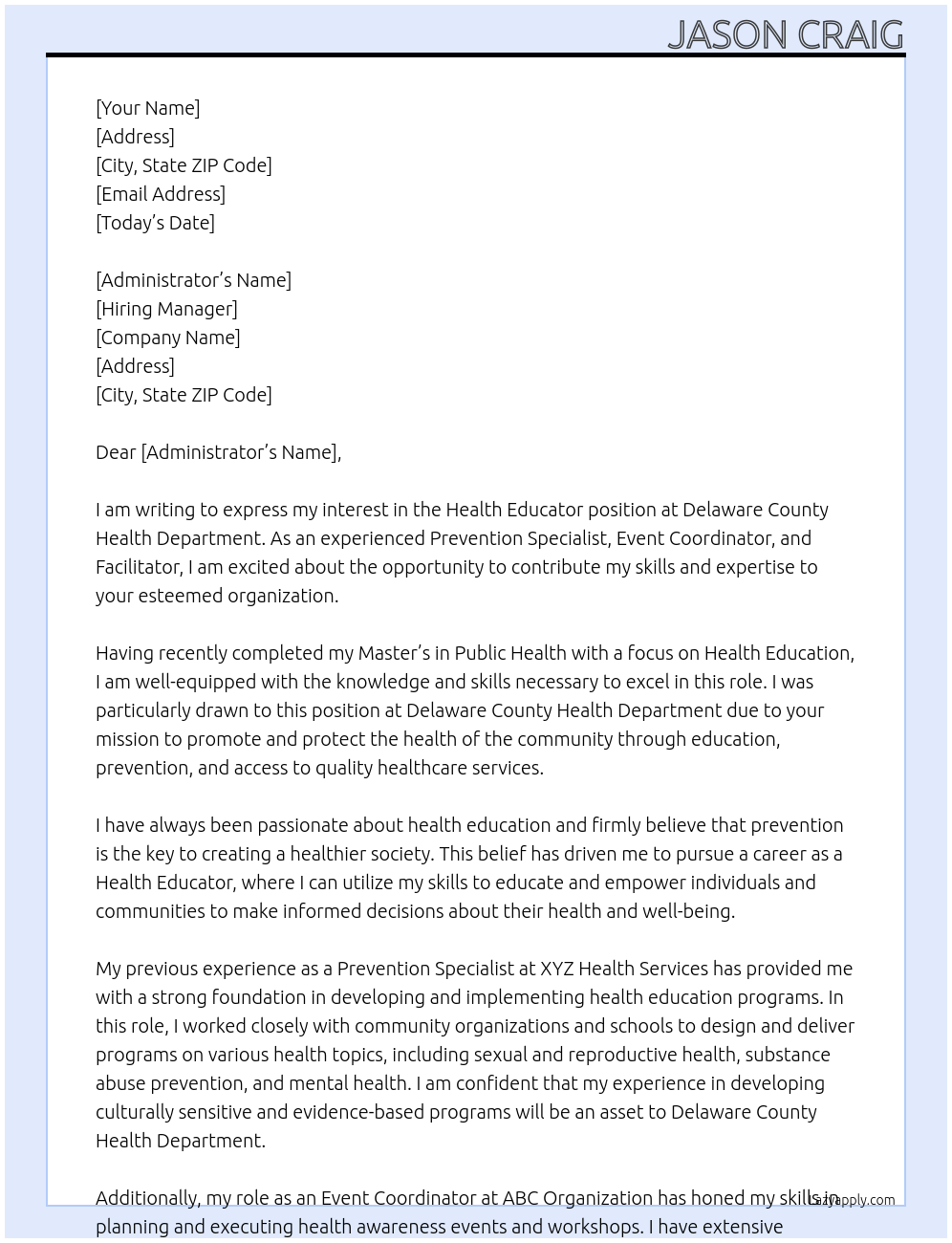 Health Educator At Delaware County Health Department Cover Letter