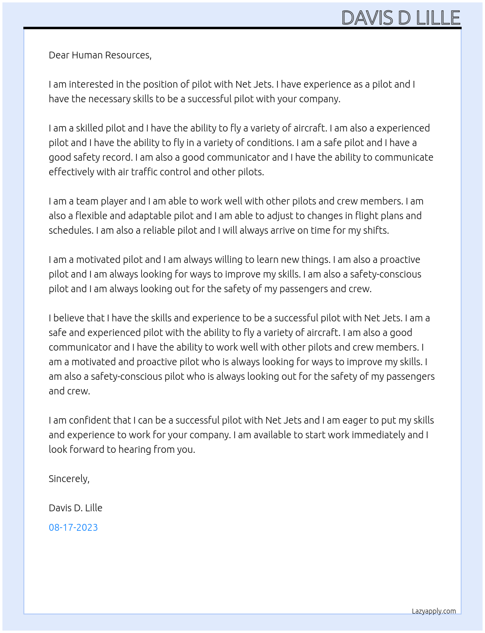 Pilot  At Net Jets  Cover Letter