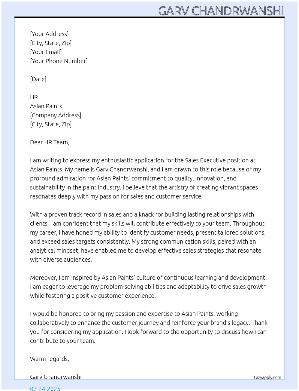 Sales Executive  At Asianpaint Cover Letter