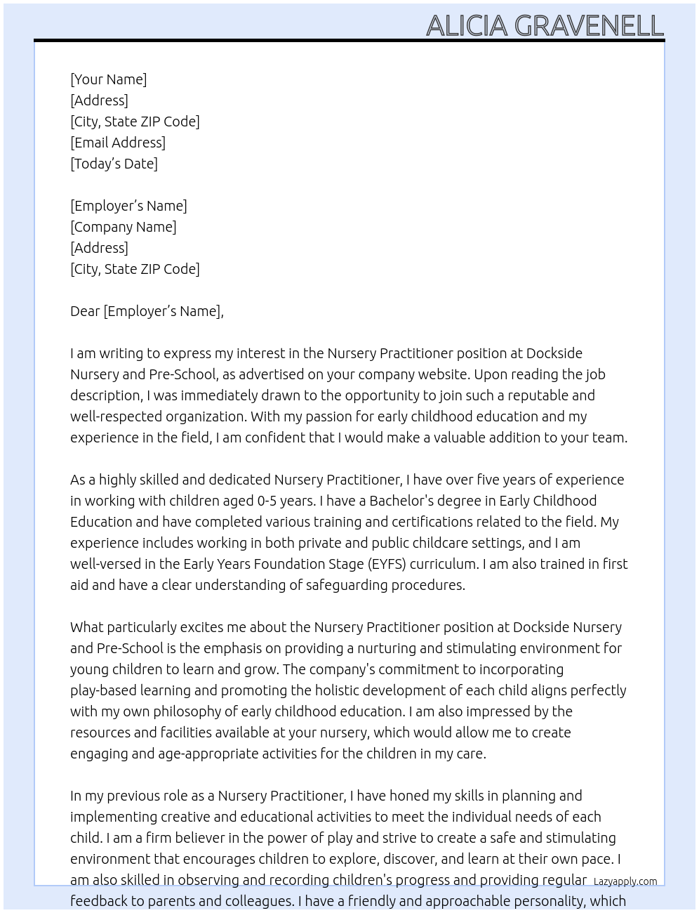 Nursery Practitioner At Dockside Nursery and Pre-School  Cover Letter