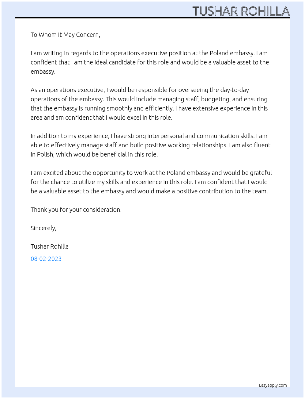 operations executive At poland embassy Cover Letter