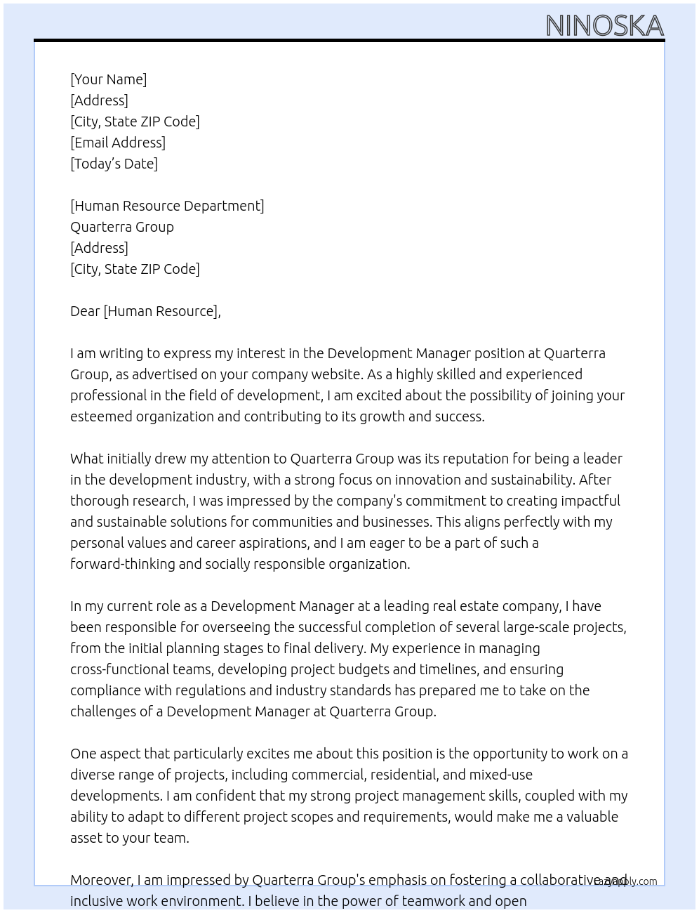 Development Manager At Quarterra Group Cover Letter