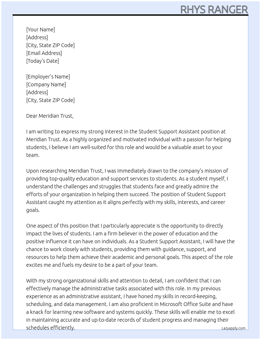 Student support assistant At Meridian Trust Cover Letter