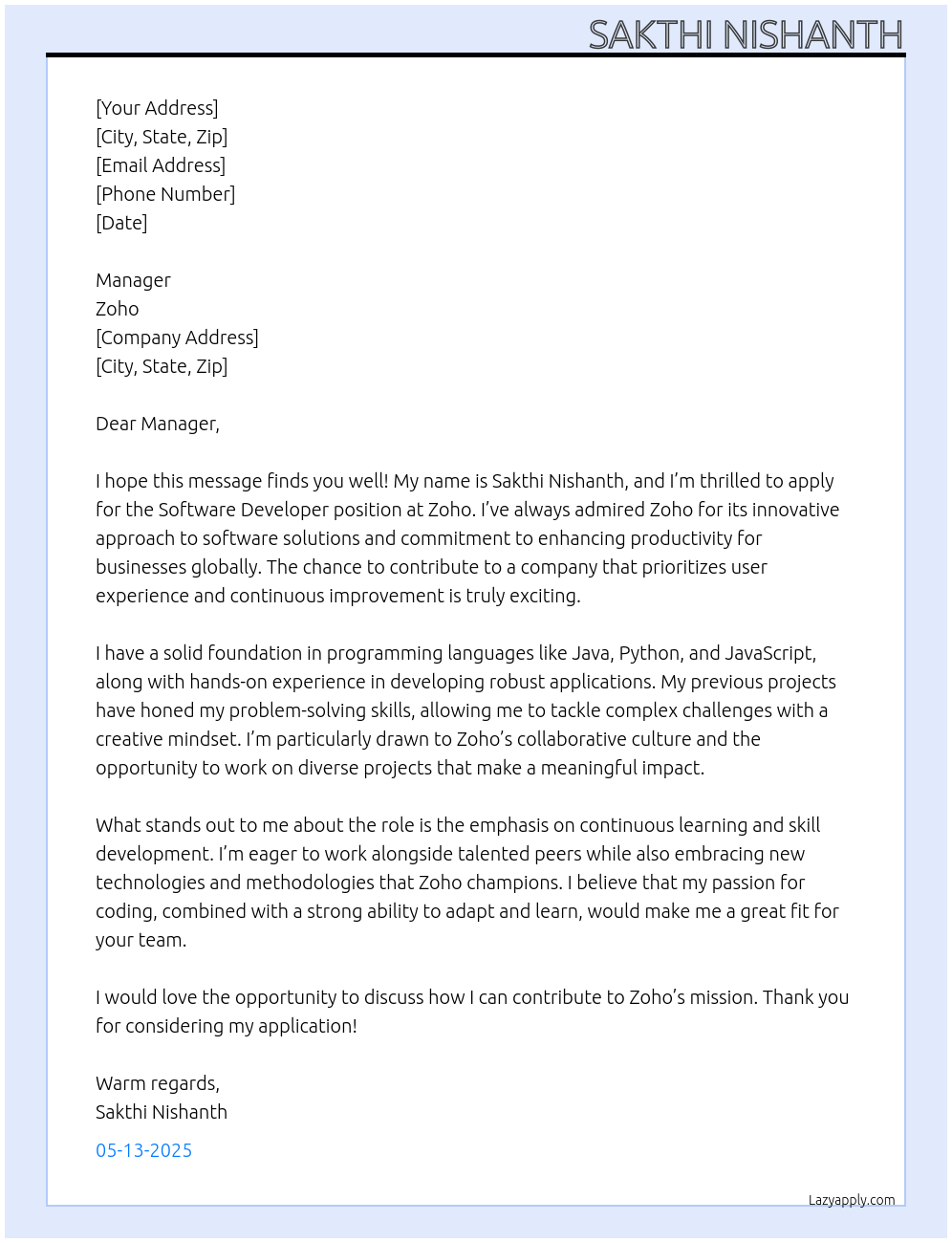 software developer At zoho Cover Letter