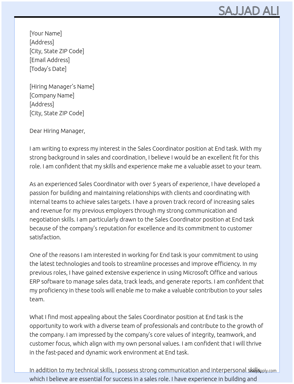 Sales Coordinator  At End task Cover Letter