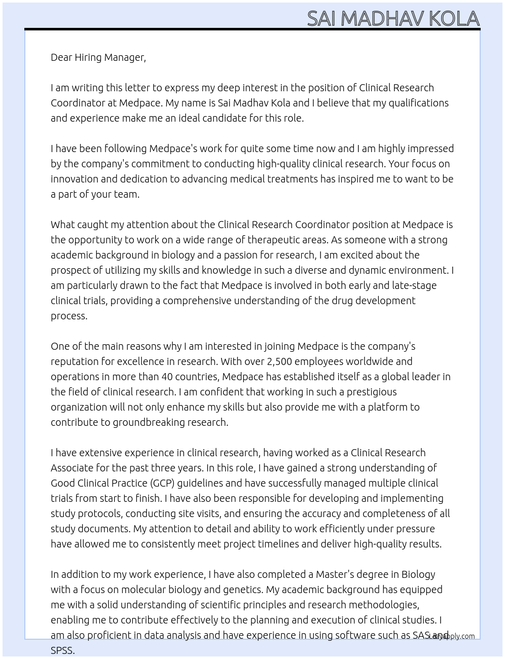 clinical research coordinator At medpace Cover Letter