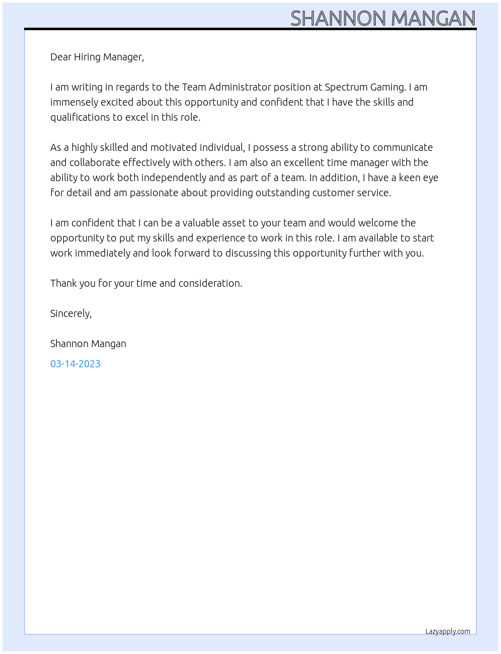 Team Administrator At Spectrum Gaming Cover Letter
