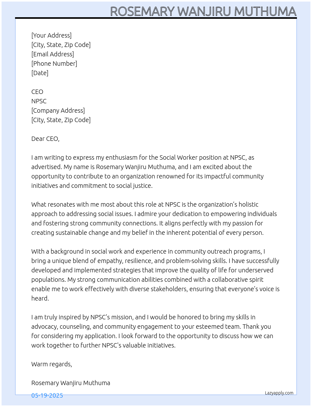 Social worker At NPSC Cover Letter